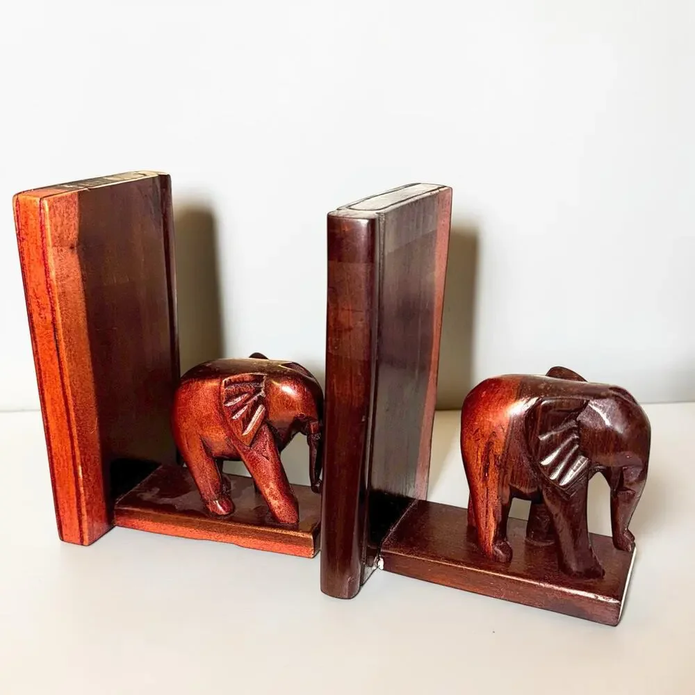Vintage Wooden Elephant Bookends | Carved Elephant Shelf Decor Pair